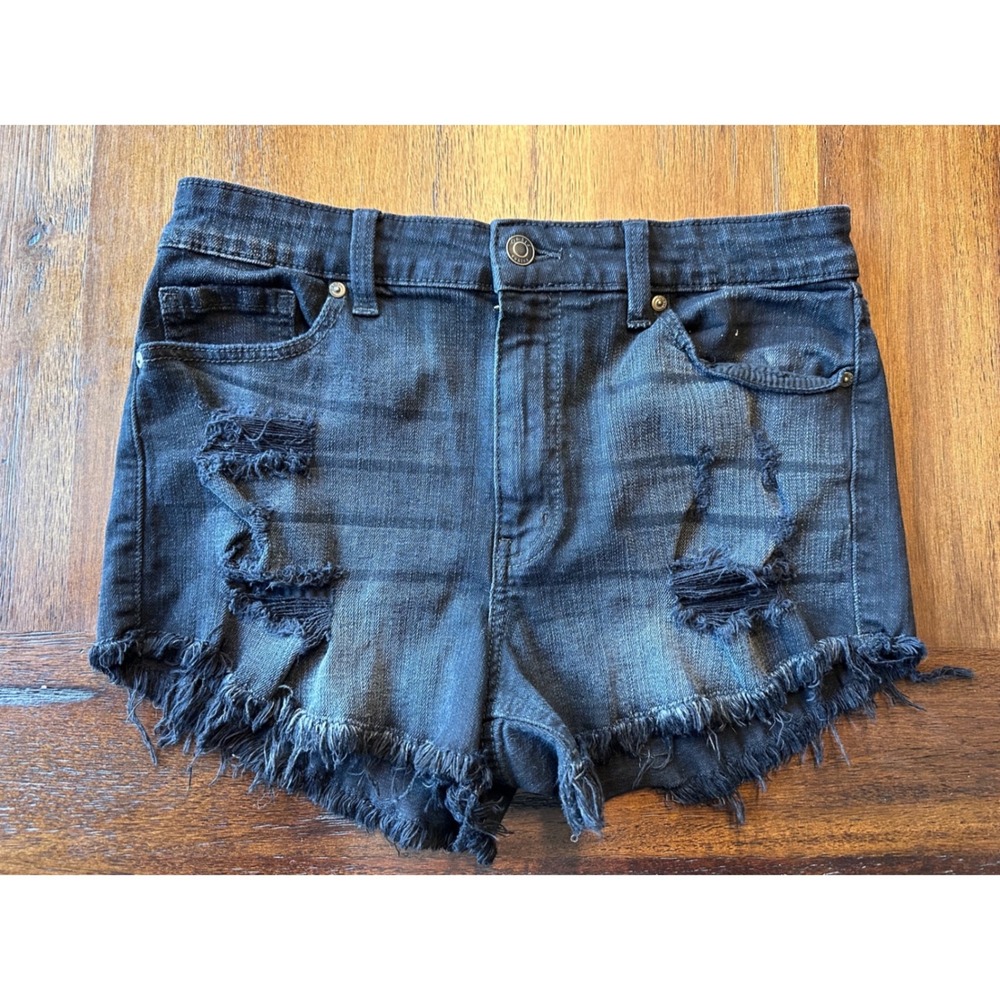 Oasis by Eunina Womens Black Distressed Denim Shorts High Rise Frayed Size M